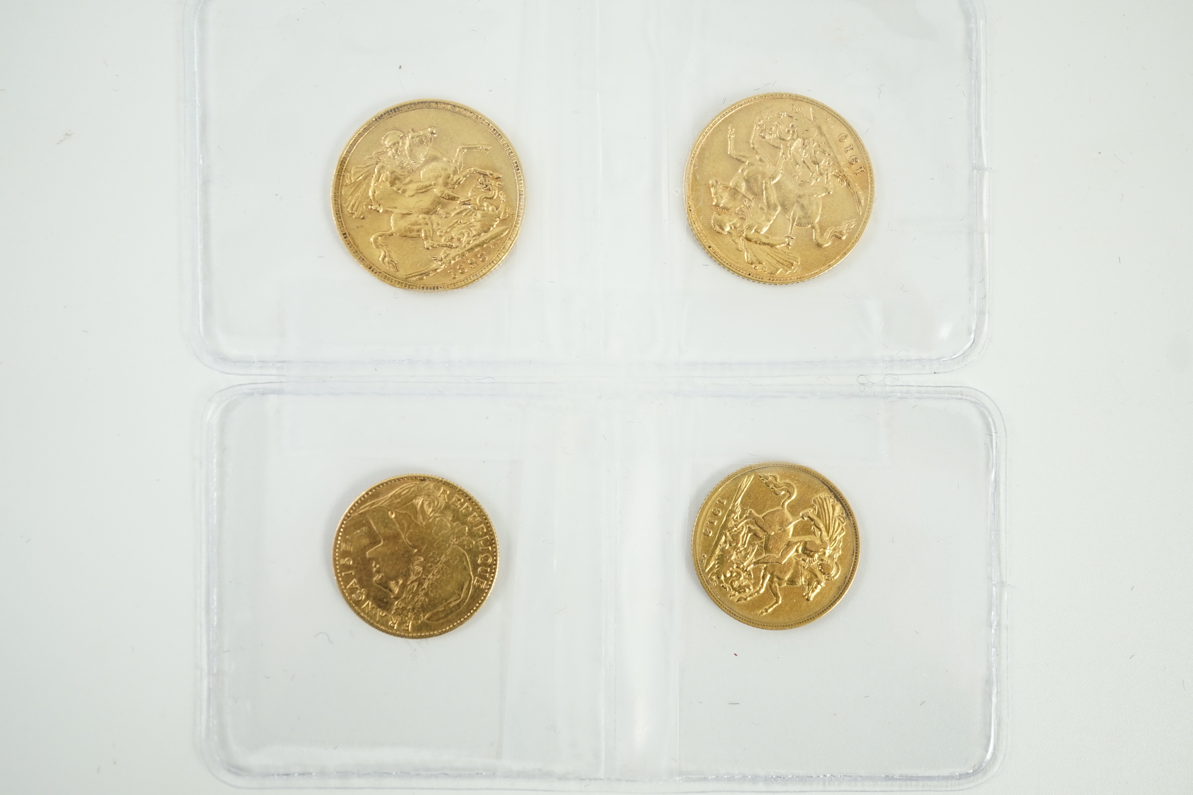 Two gold sovereigns, Victoria 1898M and Edward VII 1910, a George V half sovereign 1913 and a France gold 10 francs 1900 (test mark to portrait).
